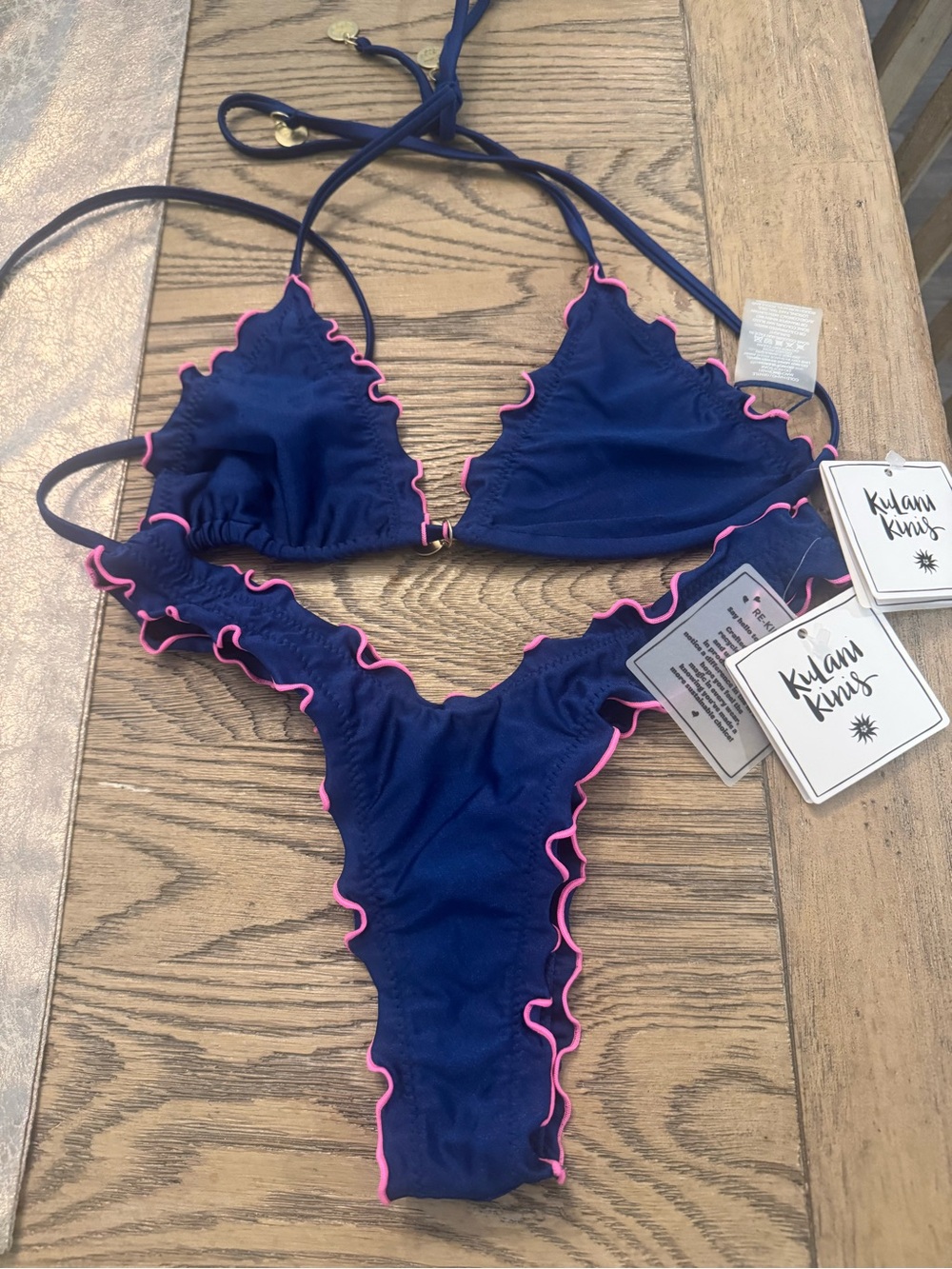 Kulani Kinis Navy Bikini with Pink Ruffle Trim set